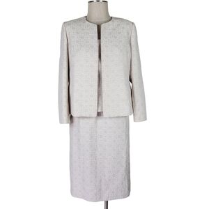 Kasper 3 Piece Skirt Suit Set Size 12P  Open Jacket Slit Bracelet Sleeves Beige